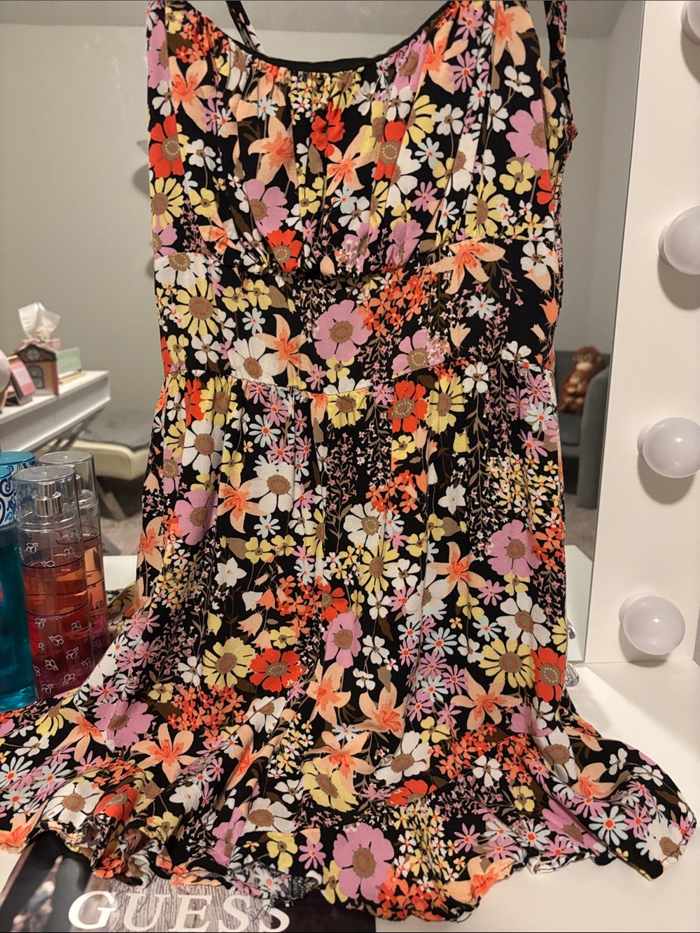 Large Floral Romper in Black with Multi-Color Flowers